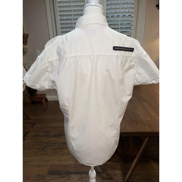 Henry Choice Blue Jeans White Short Sleeve Shirt L Tokyo Osaka Japan Patches - Picture 6 of 14